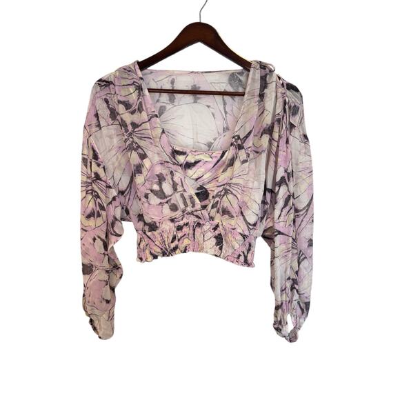 BY ANTHROPOLOGIE Sheer Peasant Top Light Purple Motif Sz Small $98 MSRP Romantic - Picture 2 of 14